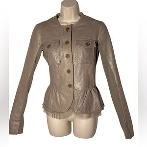 Twin Set Simona Barbieri Size small 100% Genuine Lamb Leather Beige/Gray jacket